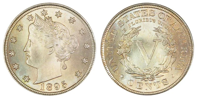 1895 Liberty Head V Nickel obverse and reverse, MS-65 uncirculated example