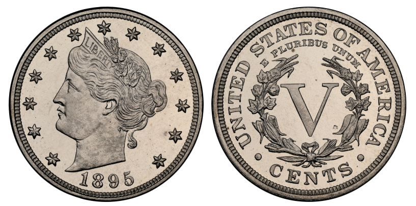 1895 Liberty Nickel proof vs business strike comparison — mirror fields vs cartwheel luster
