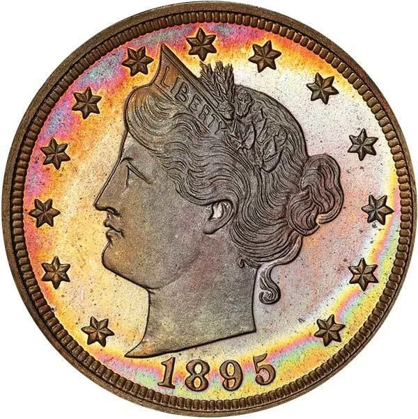 1895 proof Liberty Nickel showing mirror fields and frosted Liberty cameo