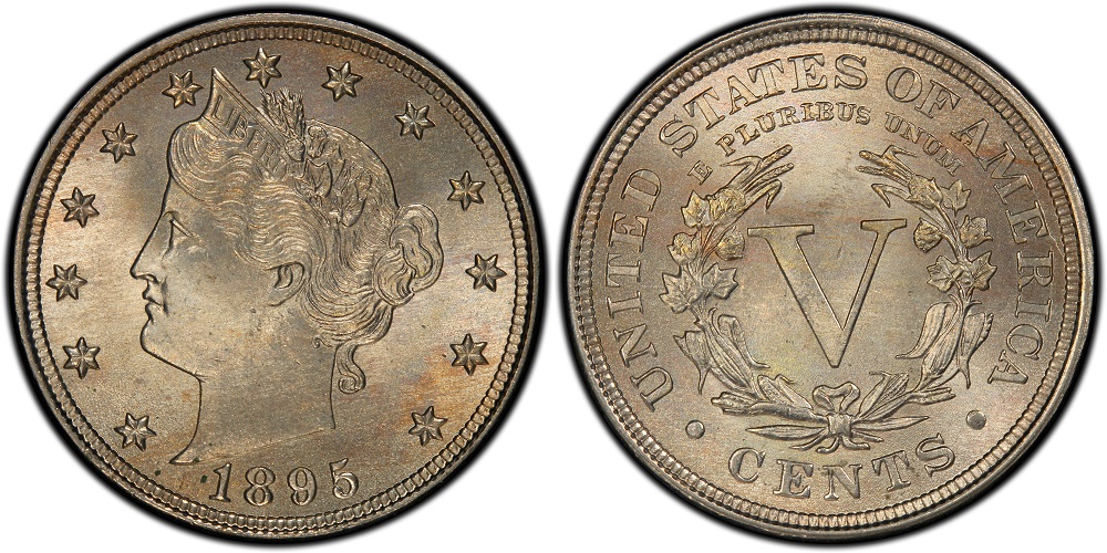 1895 Liberty Nickel grading strip showing worn, fine, extra fine, and gem mint state examples